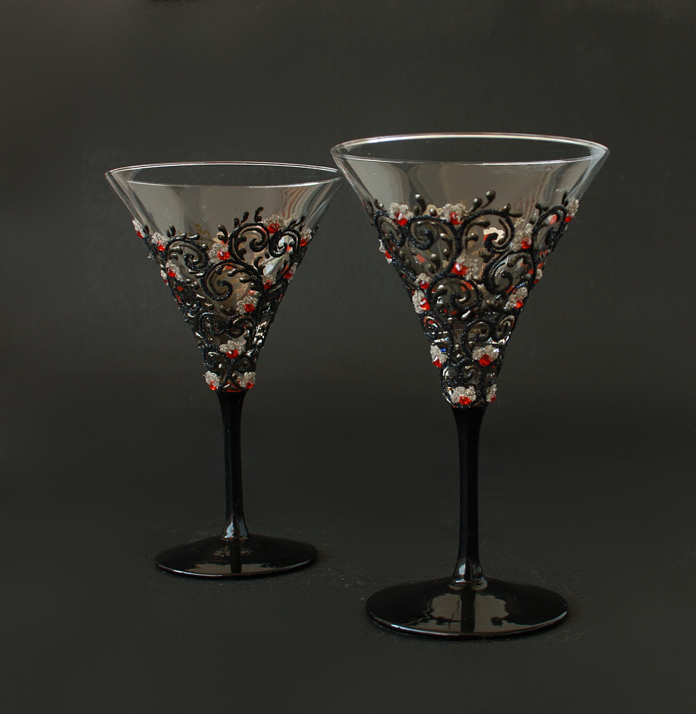 Martini Glasses Black Red Crystals Hand-painted Set of 2 