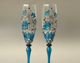 Cobalt Blue Wedding Glasses Champagne Swarovski Crystals Hand Painted set of 2