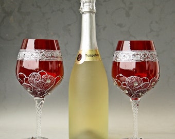 Red Glasses Wine, Rubby Anniversary Christmas Glasses SWAROVSKI, Hand Painted Wedding Glasses, Set of 2