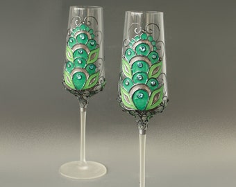 Green Wedding Glasses Champagne Flutes, Swarovski Crystals, Stained Glass, Hand Painted, Set of 2