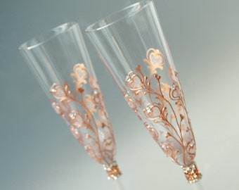 Rose Gold Wedding Glasses Copper Anniversary Set of 2 Hand Painted