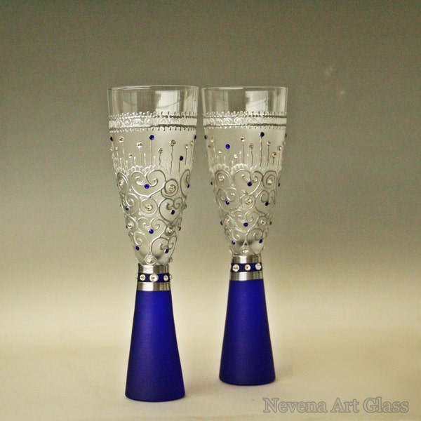 Wedding Glasses, Royal Blue Glasses, Champagne Glasses, Hand Painted Set of 2