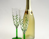 Wedding Glasses Hand Painted Green Leaves Fern Green Swarovski Crystals Silver Set of 2
