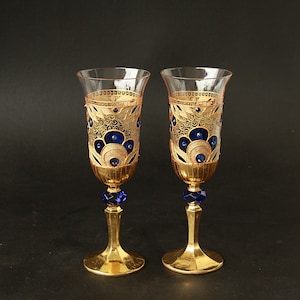 Champagne Glasses Wine Glasses Wedding Glasses Hand Painted, Gold Royal Blue Wedding Glasses, set of 2 image 2