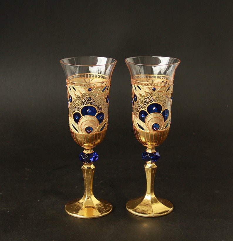 Champagne Glasses Wine Glasses Wedding Glasses Hand Painted, Gold Royal Blue Wedding Glasses, set of 2 image 2