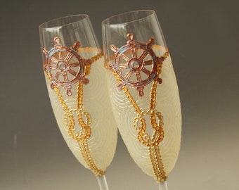 Beach Wedding Nautical Marine Champagne Glasses, hand-painted set of 2