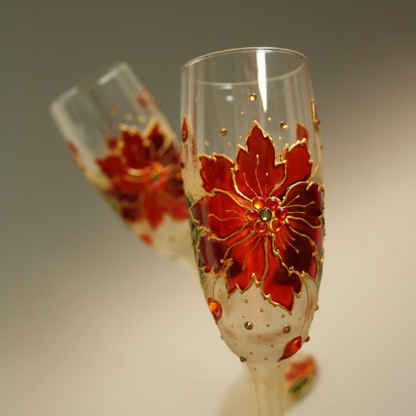 Hand Painted Wedding Glasses, Champagne Wedding Glasses, Toasting Wedding Flutes, Christmas Decor Poinsettia set of 2