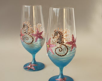 Seahorse Glasses Wedding Beer Juice Starfish Swarovski Beach Wedding Hand-painted set of 2