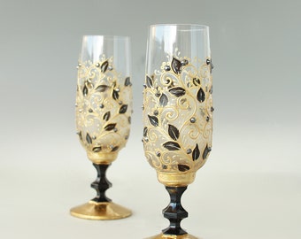 Retro Champagne Glasses Wedding Gold Black Hand Painted set of 2