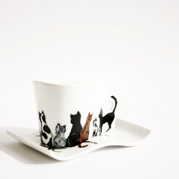 Coffee Ceramic Cup Hand Painted Cats