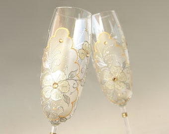 Wedding Glasses Cream Gold Champagne Flutes Swarovski Crystals, Hand Painted set of 2