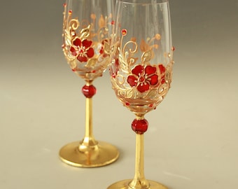 Shot Aperitif Liqueur Crystal Glasses Retro Gold Red Anniversary Hand-painted set of 2