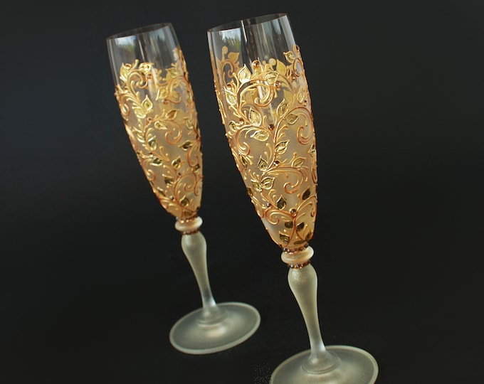 Gold Wedding Glasses Champagne Retro Hand Painted Set of 2