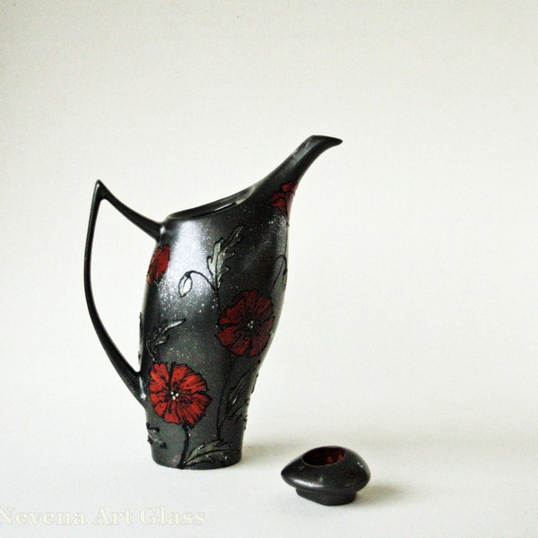 Teapot, Ceramic Teapot Hand Painted, Poppy Teapot, Black Silver Red