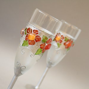 Retro Folk Wedding Glasses Champagne Flutes Silver Poppy Red, set of 2, Hand painted image 3