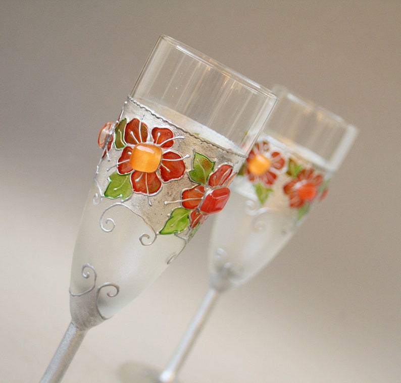 Retro Folk Wedding Glasses Champagne Flutes Silver Poppy Red, set of 2, Hand painted image 3