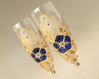 Royal Blue Wedding Glasses Champagne Flutes Gold Swarovski, Hand Painted set of 2