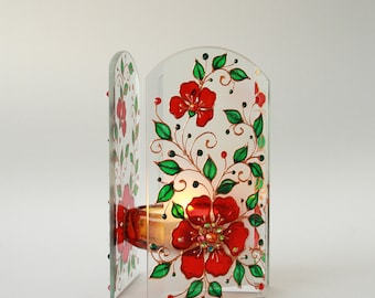 Glass Lamp Red Flower Emerald Swarovski Crystals Hand-painted