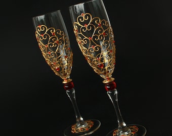 Red Wedding Glasses Gold Champagne Flutes Tree of Life Ruby Anniversary  Hand painted set of 2