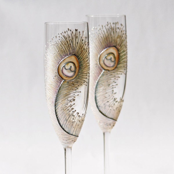 Bleached Peacock Feather Hand Painted Champagne Flutes