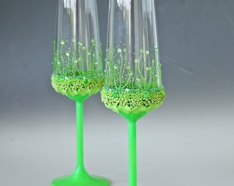 Green Wedding Glasses Champagne Flutes Wine Set of 2 hand painted