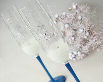 Snowflake Champagne Glasses Winter Wedding Blue, hand-painted set of 2