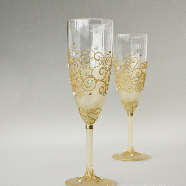 Glitter Gold, Mint Flutes, Gold Mint Glasses, Wedding Glasses, Champagne Glasses, Wedding Toast, Set 2,  HAND PAINTED