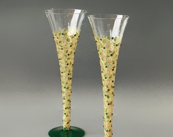 Emerald Wedding Glasses Gold Green Champagne Flutes hand Painted set of 2