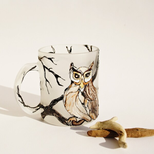 Mug Hand Painted Cup Owl Design Mat Glass OOAK