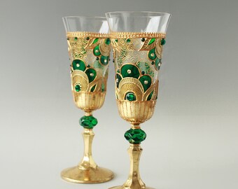 Emerald Green and Gold Hand Painted Champagne Glasses, Wine Glasses, Set of 2