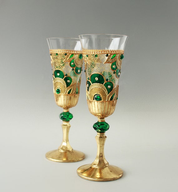 Emerald Green and Gold Hand Painted Champagne Glasses, Wine Glasses, Set of  2 