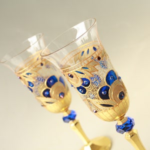 Champagne Glasses Wine Glasses Wedding Glasses Hand Painted, Gold Royal Blue Wedding Glasses, set of 2 image 7