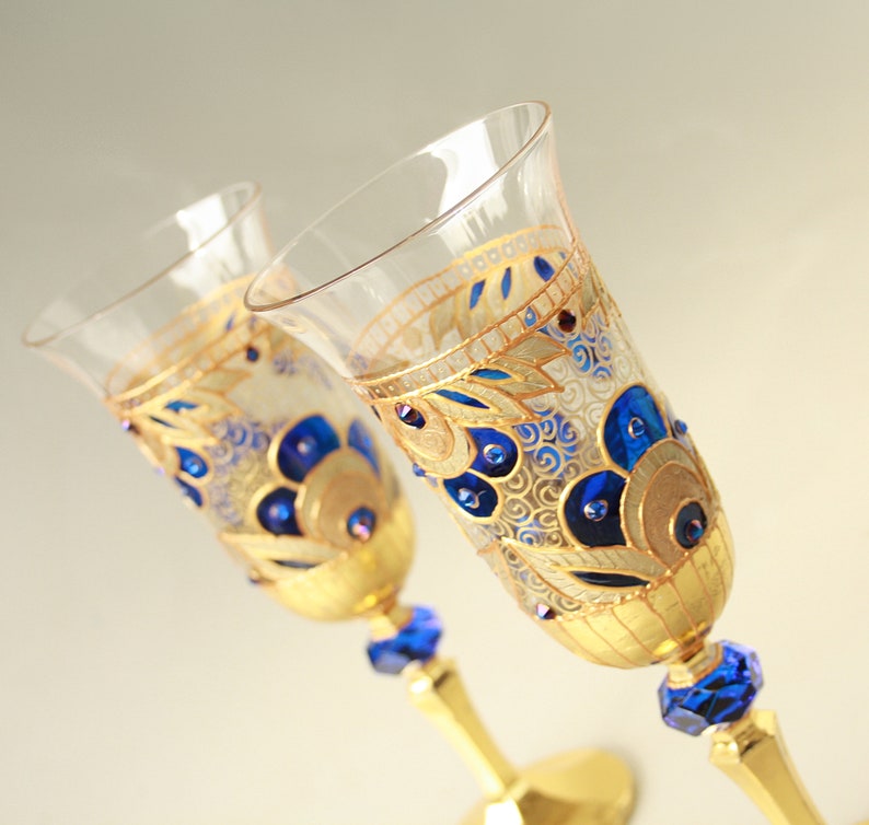 Champagne Glasses Wine Glasses Wedding Glasses Hand Painted, Gold Royal Blue Wedding Glasses, set of 2 image 7