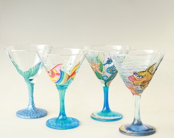 Martini Glasses Seahorse Goldfish Starfish Ocean Bottom Hand Painted Choose 1 or 2