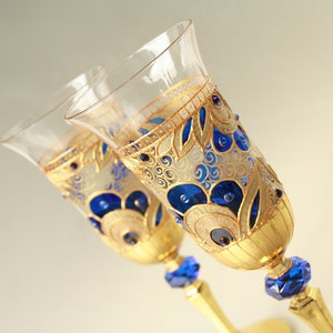 Champagne Glasses Wine Glasses Wedding Glasses Hand Painted, Gold Royal Blue Wedding Glasses, set of 2 image 6