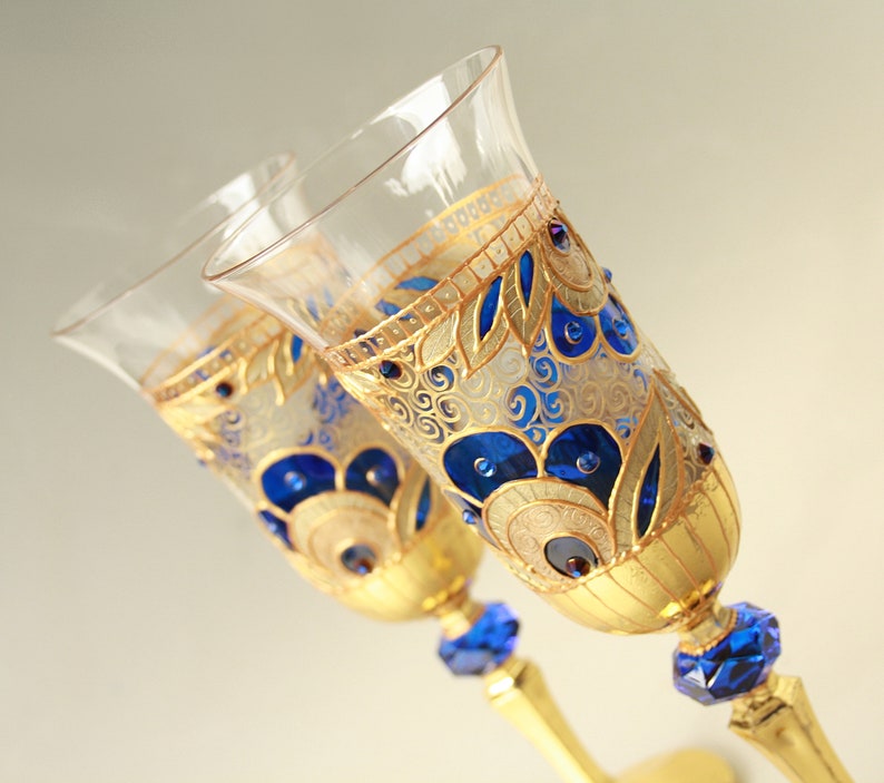 Champagne Glasses Wine Glasses Wedding Glasses Hand Painted, Gold Royal Blue Wedding Glasses, set of 2 image 6