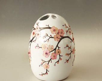 Sakura Cherry Blossom Ceramic Vase Swarovski Crystals Hand painted