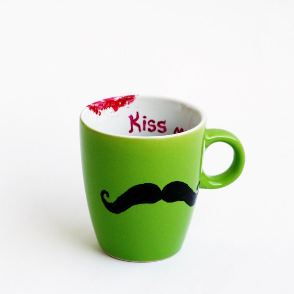 Kiss My Mustache Hand Painted Mug OOAK  Apple Green lipstick sign  res stilleto shoe