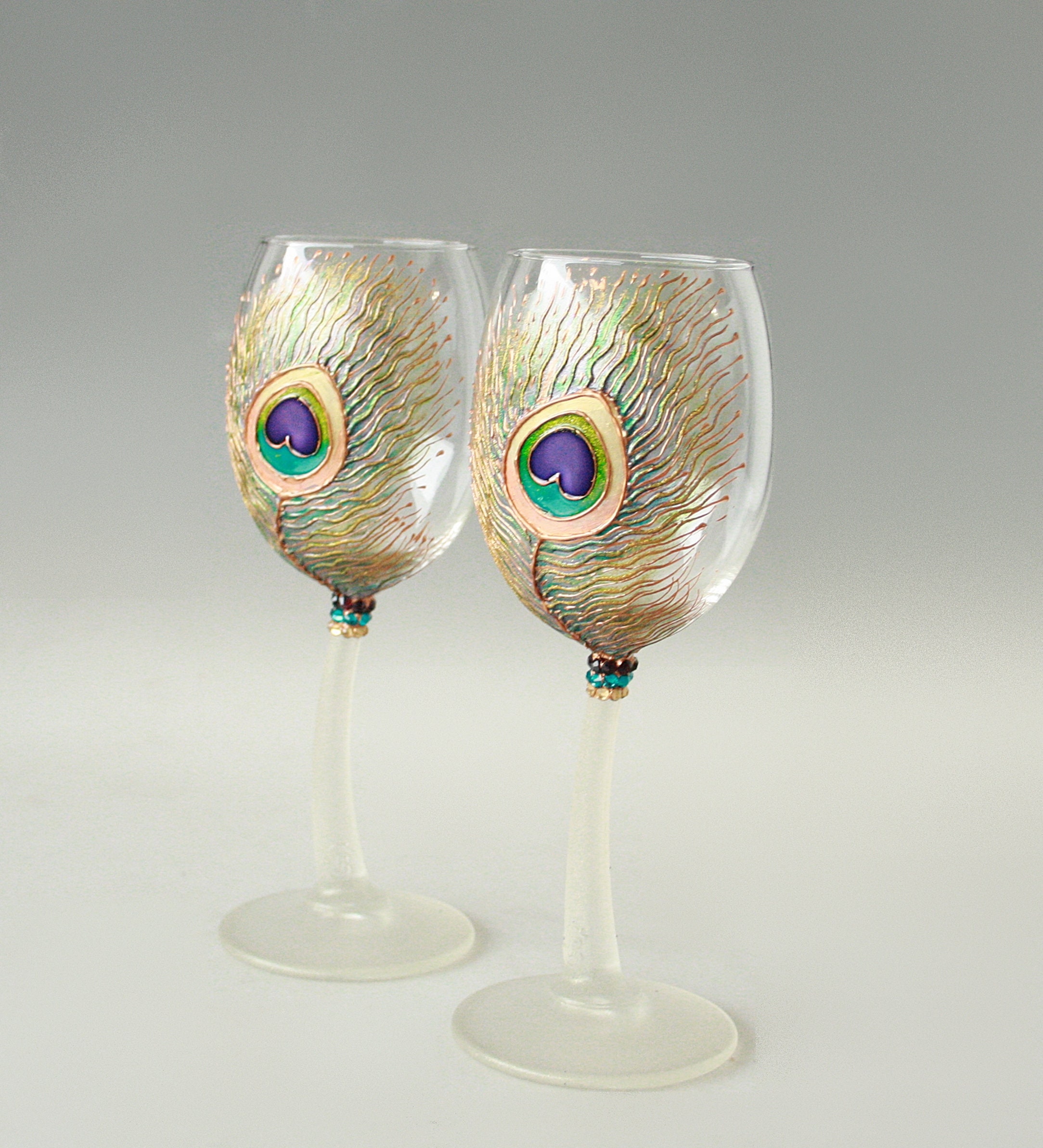 Peacock Wine Glasses Hand Painted Set of 2 