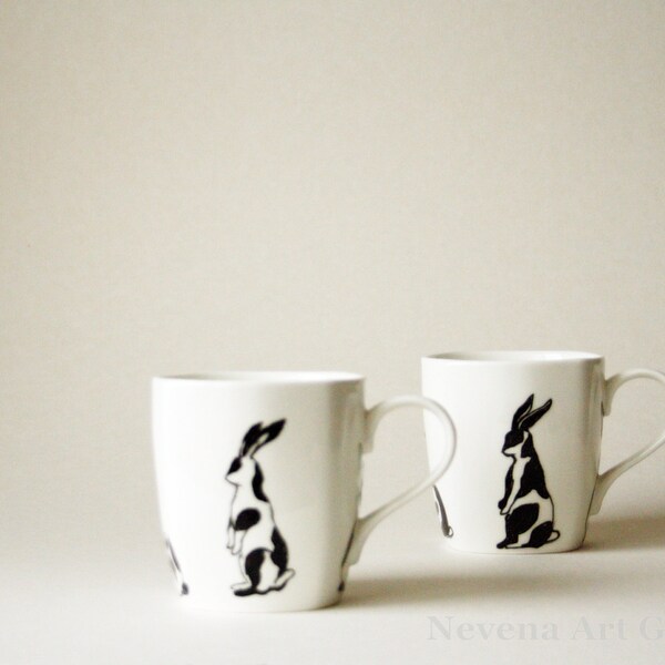 Tea Cups, Hand Painted Tea Coffee Cups, Rabbit Cups, Painted Mugs, Bunny, Black and White Kitchen, Easter Decor, SET of 2