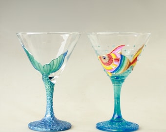 Martini Glass Mermaid Tail or Rainbowfish Hand Painted Choose 1 or 2