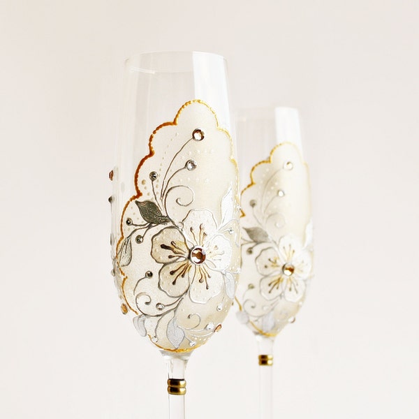 MADE to ORDER CRYSTAL Champagne Wedding Flutes Set of 2 Hand painted Gold White Silver Swarovski Crystals