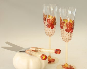 Fall Wedding Cake Server Set Autumn Leaves Champagne Glasses maple, Hand painted