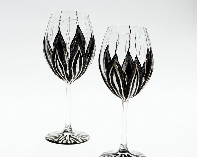 Zebra Wine Glasses Hand Painted Black and White Set of 2, Wedding Gift