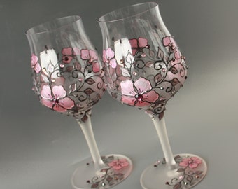 Wine Glasses Tulip Pink Purple Swarovski Crystals Hand painted set of 2