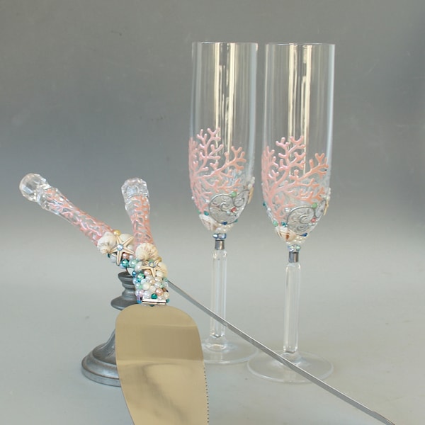 Beach Wedding Cake Server Set and Champagne Flutes Coral Starfish Swarovski Hand-Painted