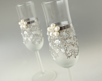 Wedding Champagne Glasses Pearl Silver Hand-painted set of 2