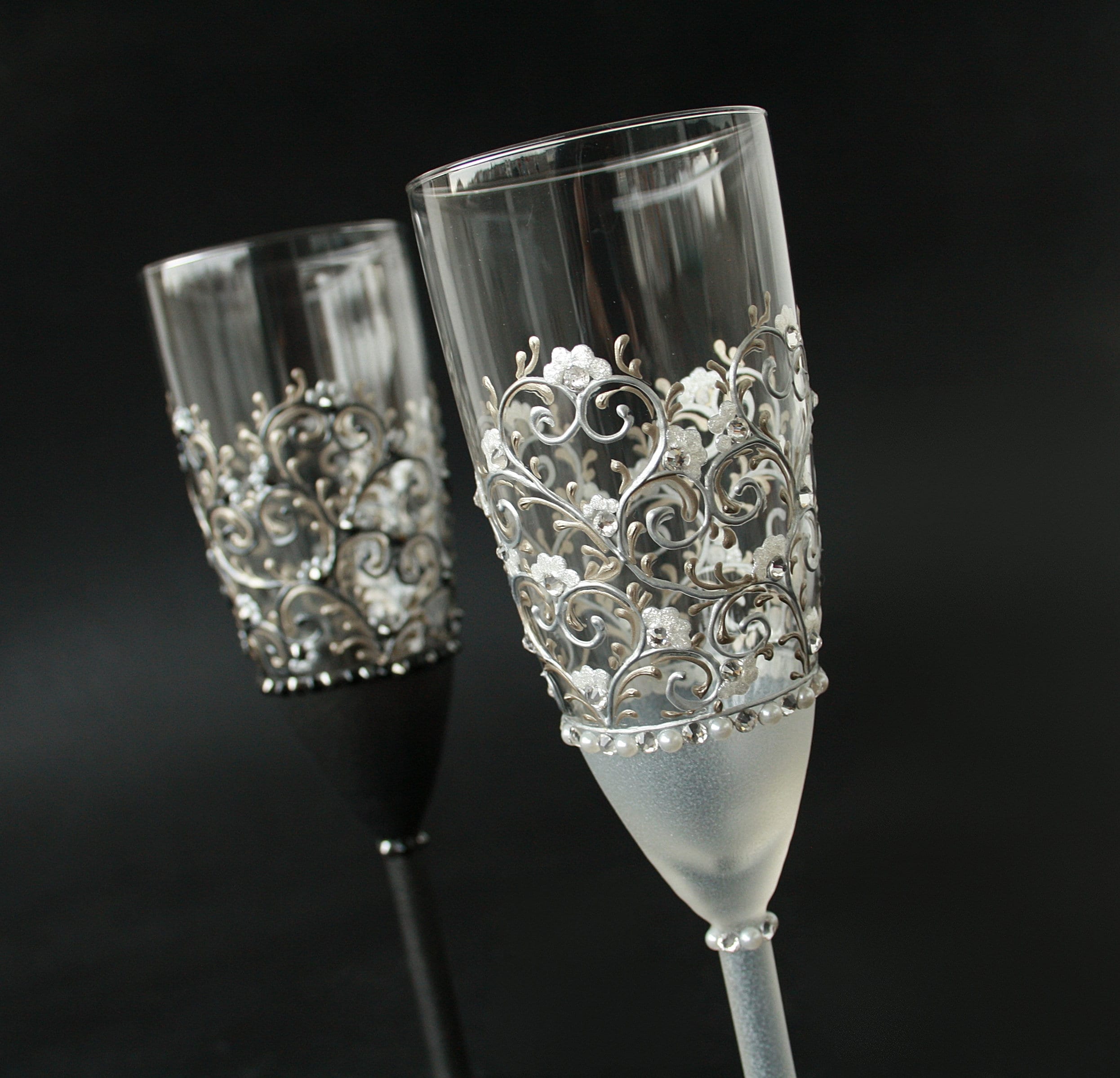 White Vintage Rose Hand Painted Champagne Flutes - 2 Flutes