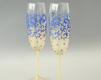 Royal Blue Gold Wedding Glasses Champagne Flutes Swarovski hand Painted