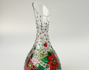 Decanter Poinsettia Vase Christmas Hand Painted Swarovski Crystals